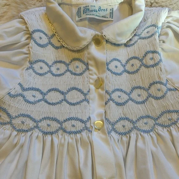 Vintage White Smocked Blue Embroidery Baby Dress with picot trim and sash - Picture 3 of 5